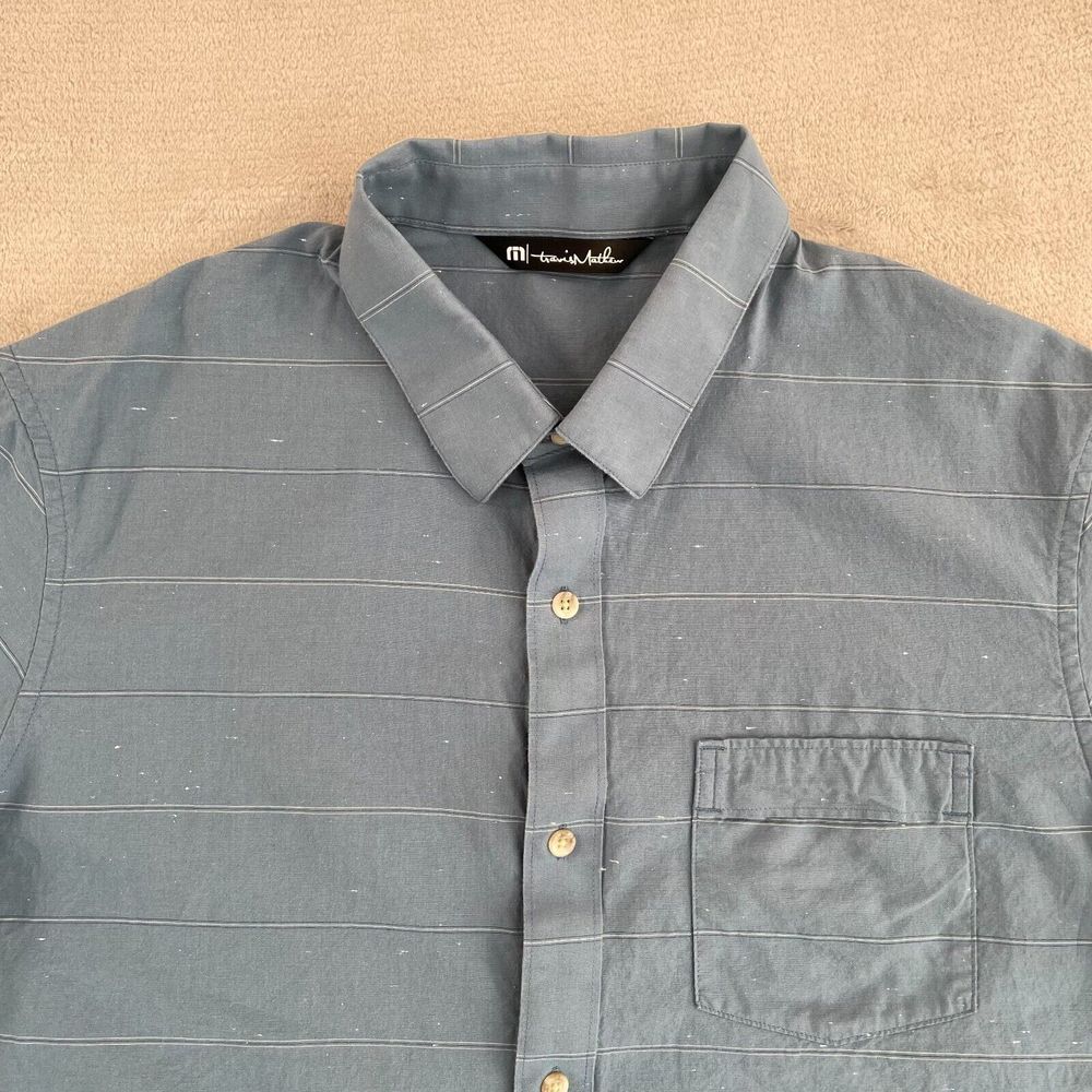Travis Mathew Roque Shirt Men Large Heather Aegean Stripe‎ Short Sleeve Golf